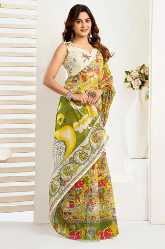 Yellow digital printed linen ready to wear designer saree with unstitched blouse