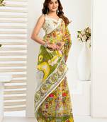 Yellow digital printed linen ready to wear designer saree with unstitched blouse