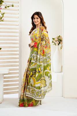 Yellow digital printed linen ready to wear designer saree with unstitched blouse 3
