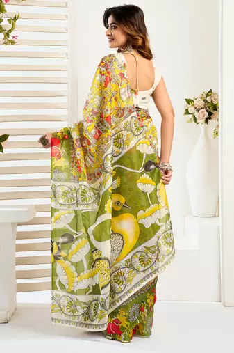 Yellow digital printed linen ready to wear designer saree with unstitched blouse