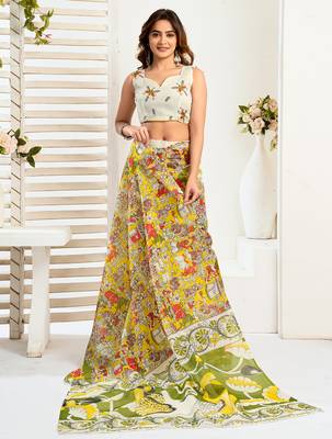 Yellow digital printed linen ready to wear designer saree with unstitched blouse 5