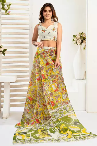 Yellow digital printed linen ready to wear designer saree with unstitched blouse