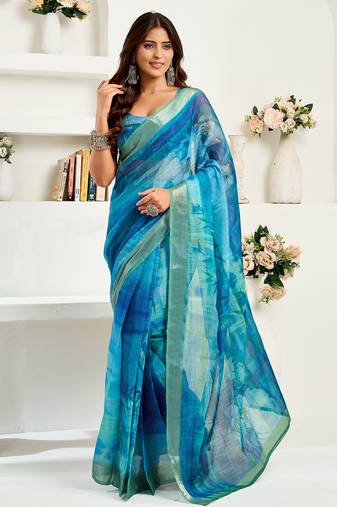 Aqua blue digital printed linen ready to wear designer saree with unstitched blouse