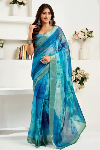 Aqua blue digital printed linen ready to wear designer saree with unstitched blouse