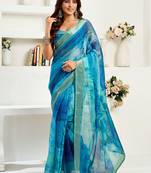 Aqua blue digital printed linen ready to wear designer saree with unstitched blouse