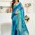 Aqua blue digital printed linen ready to wear designer saree with unstitched blouse