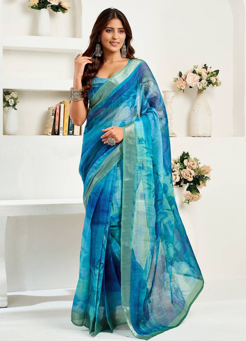 Aqua blue digital printed linen ready to wear designer saree with unstitched blouse