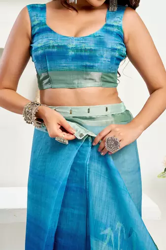 Aqua blue digital printed linen ready to wear designer saree with unstitched blouse