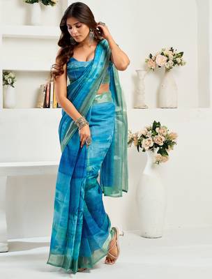 Aqua blue digital printed linen ready to wear designer saree with unstitched blouse 3