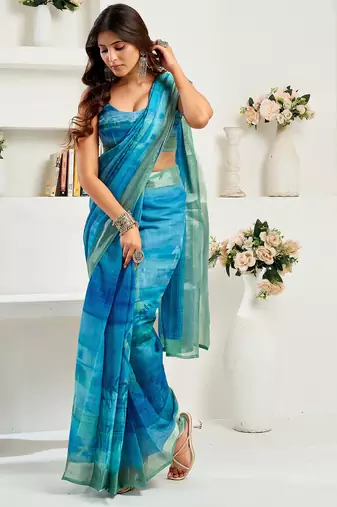 Aqua blue digital printed linen ready to wear designer saree with unstitched blouse