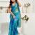 Aqua blue digital printed linen ready to wear designer saree with unstitched blouse