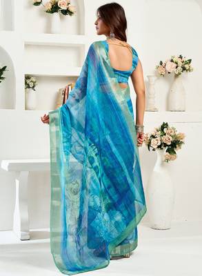 Aqua blue digital printed linen ready to wear designer saree with unstitched blouse 4