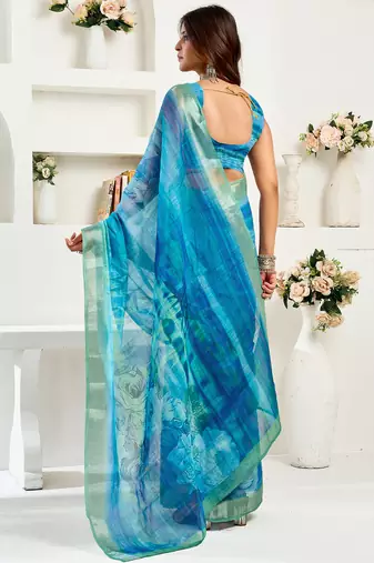 Aqua blue digital printed linen ready to wear designer saree with unstitched blouse