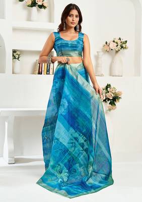 Aqua blue digital printed linen ready to wear designer saree with unstitched blouse 5