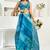 Aqua blue digital printed linen ready to wear designer saree with unstitched blouse