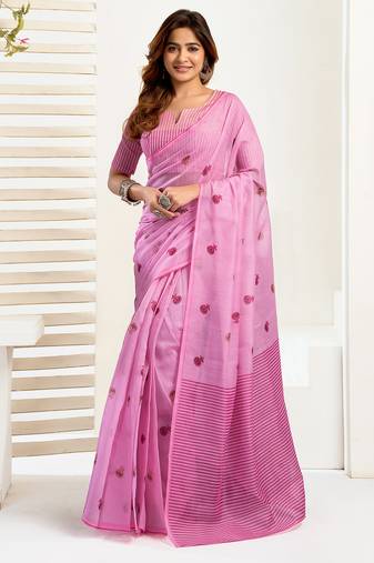 Baby pink digital printed linen ready to wear designer saree with unstitched blouse