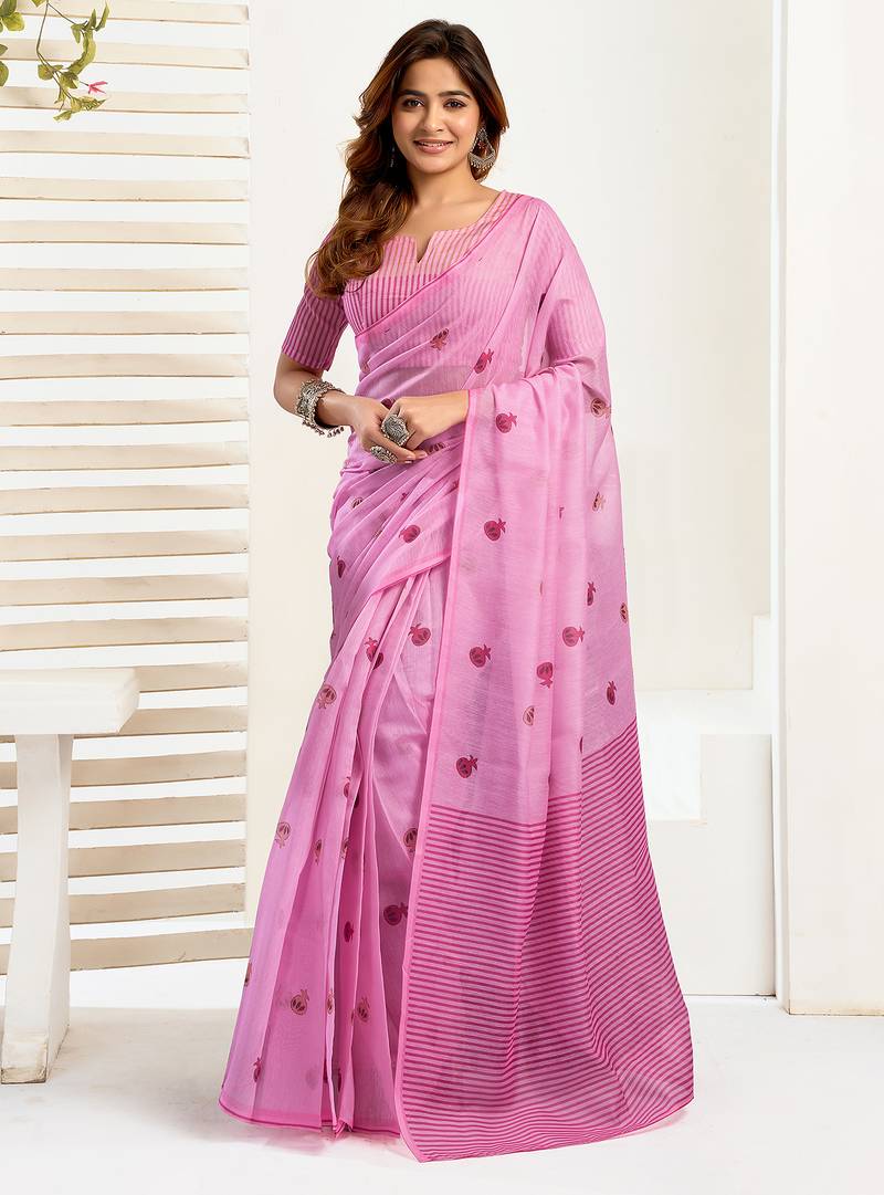 Baby pink digital printed linen ready to wear designer saree with unstitched blouse