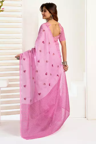 Baby pink digital printed linen ready to wear designer saree with unstitched blouse