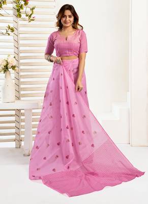 Baby pink digital printed linen ready to wear designer saree with unstitched blouse 5