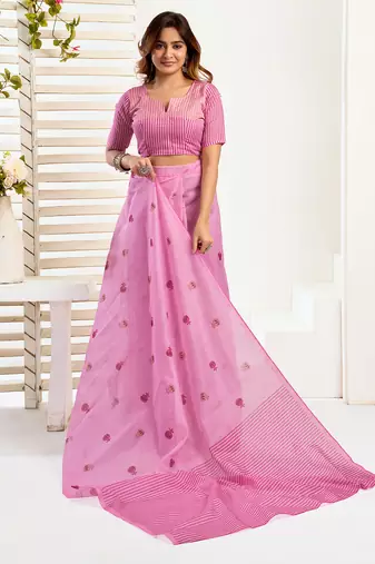 Baby pink digital printed linen ready to wear designer saree with unstitched blouse