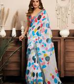 Multicolor digital printed linen ready to wear designer saree with unstitched blouse
