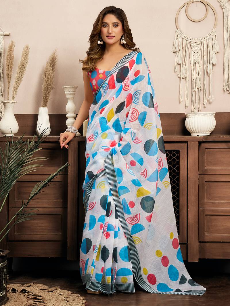 Multicolor digital printed linen ready to wear designer saree with unstitched blouse