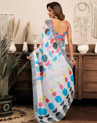 Multicolor digital printed linen ready to wear designer saree with unstitched blouse 4