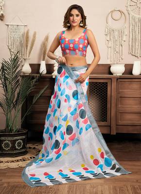 Multicolor digital printed linen ready to wear designer saree with unstitched blouse 5