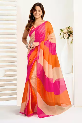 Multicolor digital printed linen ready to wear designer saree with unstitched blouse