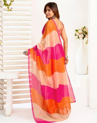 Multicolor digital printed linen ready to wear designer saree with unstitched blouse 4