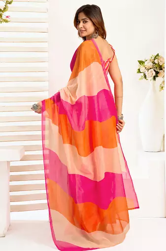 Multicolor digital printed linen ready to wear designer saree with unstitched blouse