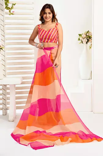 Multicolor digital printed linen ready to wear designer saree with unstitched blouse