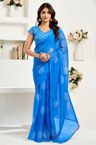 Blue digital printed linen ready to wear designer saree with unstitched blouse