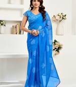Blue digital printed linen ready to wear designer saree with unstitched blouse
