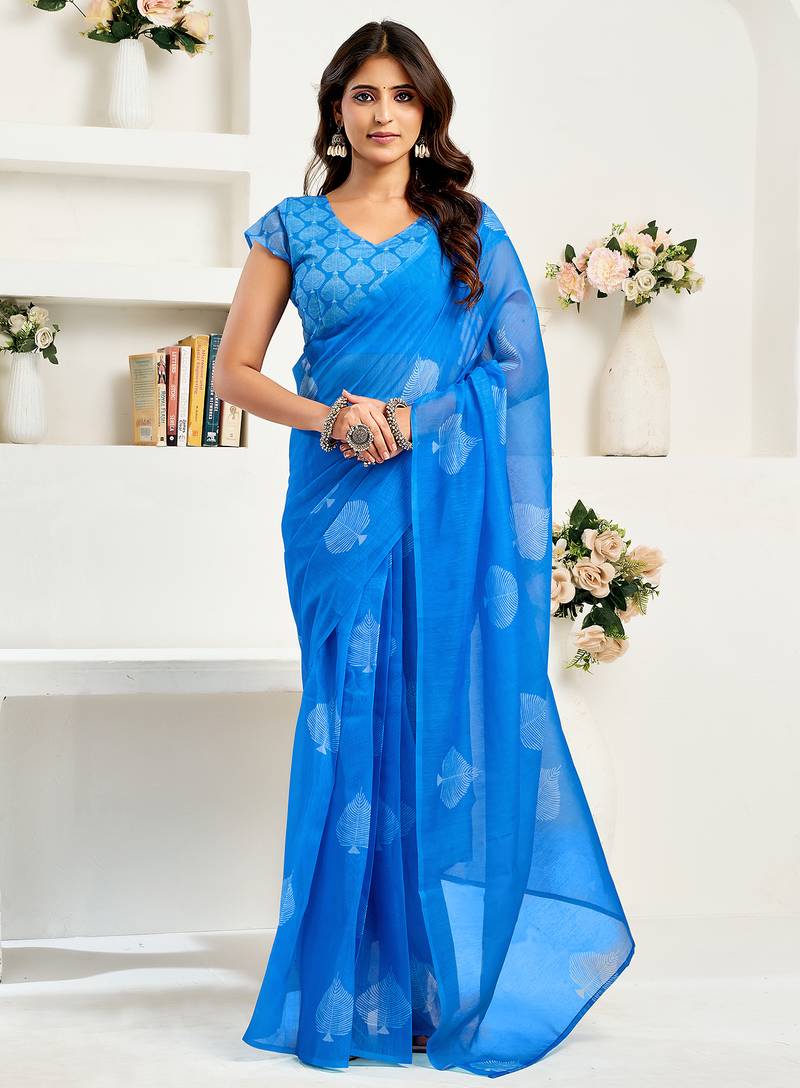 Blue digital printed linen ready to wear designer saree with unstitched blouse