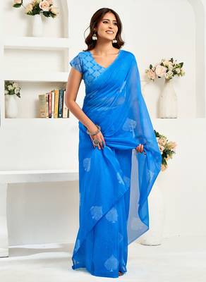 Blue digital printed linen ready to wear designer saree with unstitched blouse 3