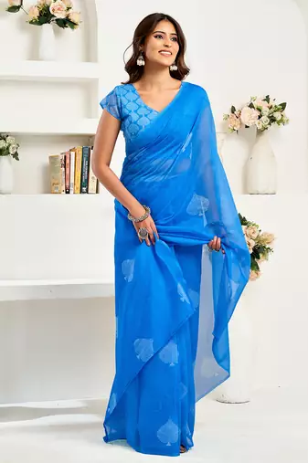 Blue digital printed linen ready to wear designer saree with unstitched blouse