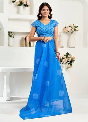 Blue digital printed linen ready to wear designer saree with unstitched blouse 5