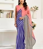 Royal blue digital printed linen ready to wear designer saree with unstitched blouse