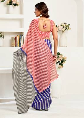 Royal blue digital printed linen ready to wear designer saree with unstitched blouse 4