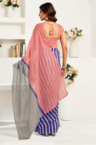 Royal blue digital printed linen ready to wear designer saree with unstitched blouse