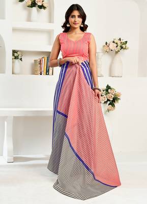 Royal blue digital printed linen ready to wear designer saree with unstitched blouse 5
