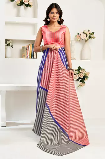 Royal blue digital printed linen ready to wear designer saree with unstitched blouse