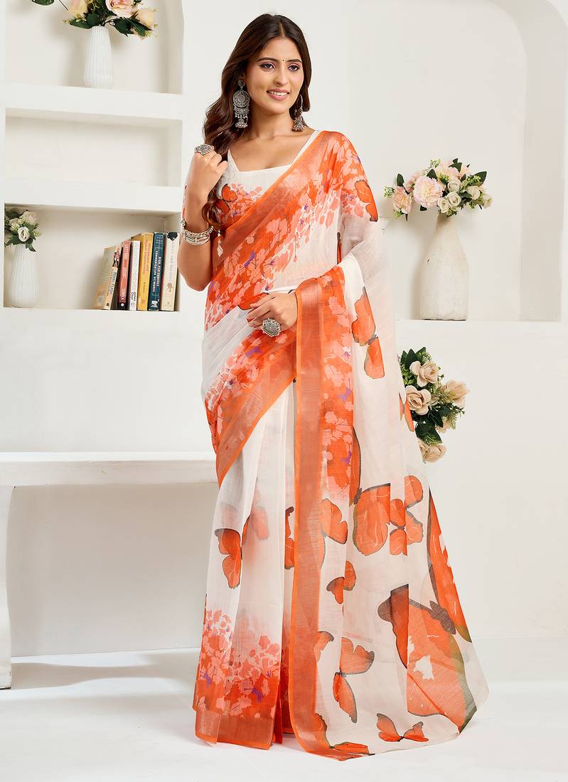 White orange digital printed linen ready to wear designer saree with unstitched blouse