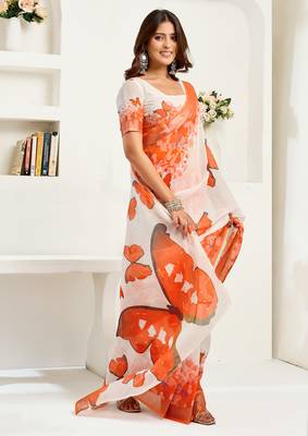 White orange digital printed linen ready to wear designer saree with unstitched blouse 3