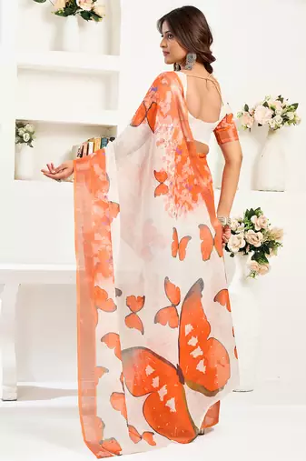 White orange digital printed linen ready to wear designer saree with unstitched blouse