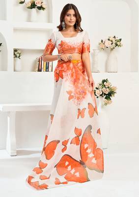White orange digital printed linen ready to wear designer saree with unstitched blouse 5