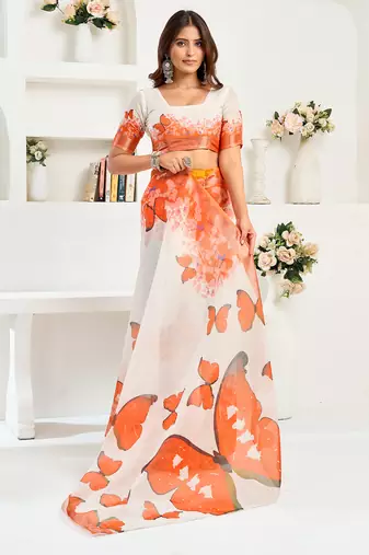 White orange digital printed linen ready to wear designer saree with unstitched blouse