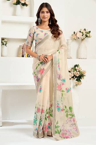 Cream digital printed linen ready to wear designer saree with unstitched blouse