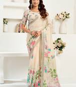 Cream digital printed linen ready to wear designer saree with unstitched blouse